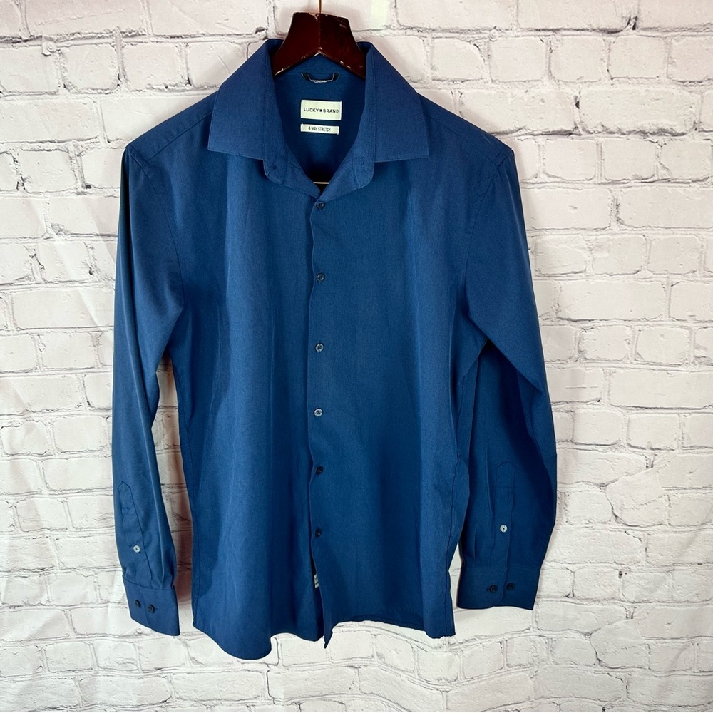Lucky Brand Classic navy Blue slim fit Dress Shirt mens M 4 way stretch office